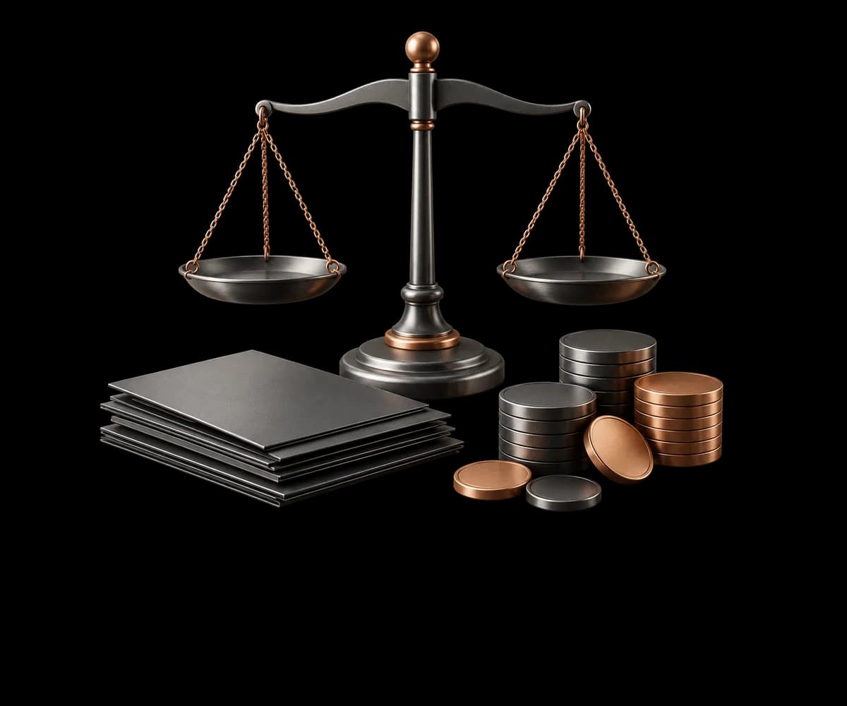 Una balanza, monedas sin marcas y paneles de planificación financiera