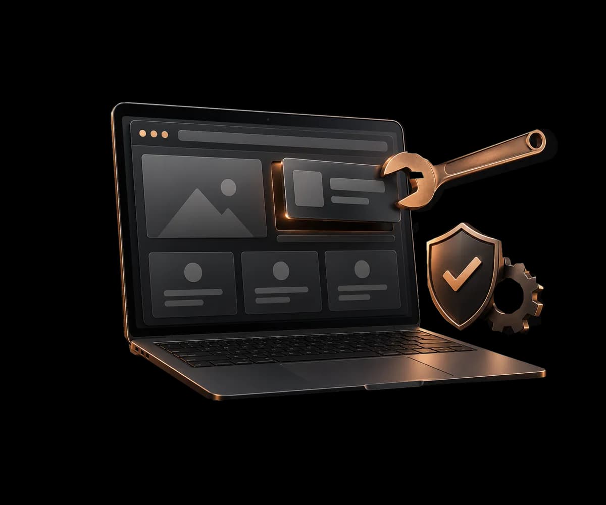 Una web en un portátil junto a una herramienta de actualización y un escudo de protección