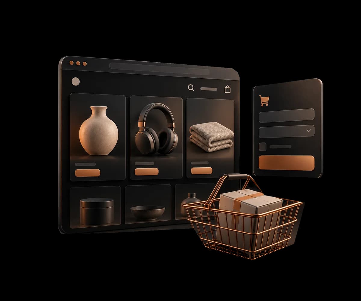 Fichas de productos, un carrito y una pantalla para completar la compra